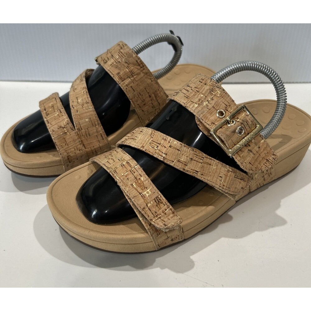 Vionic Rio Sandals Shoes Tan Cork Gold Fleck Comfort Slide Women's 10